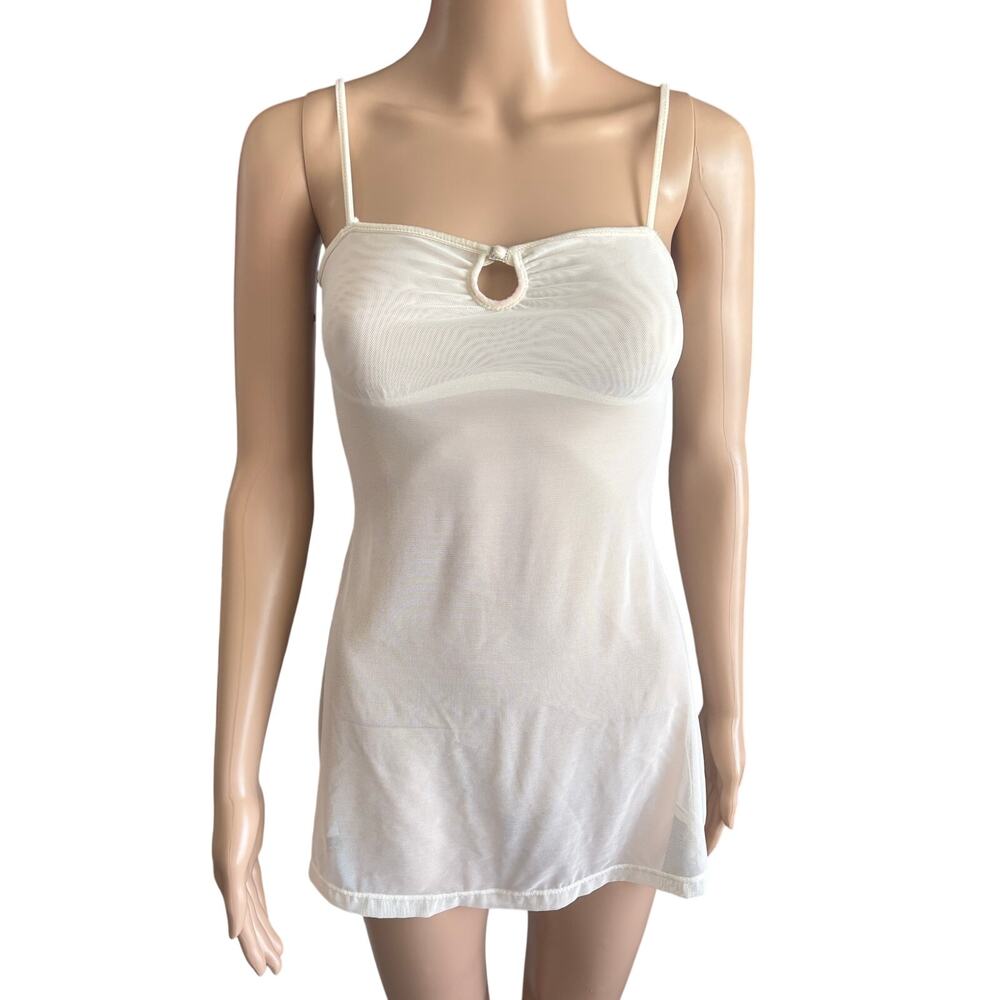 Y2K La Senza Sheer Mesh Lingerie Cami Slip Top Tunic White Rhinestone XS